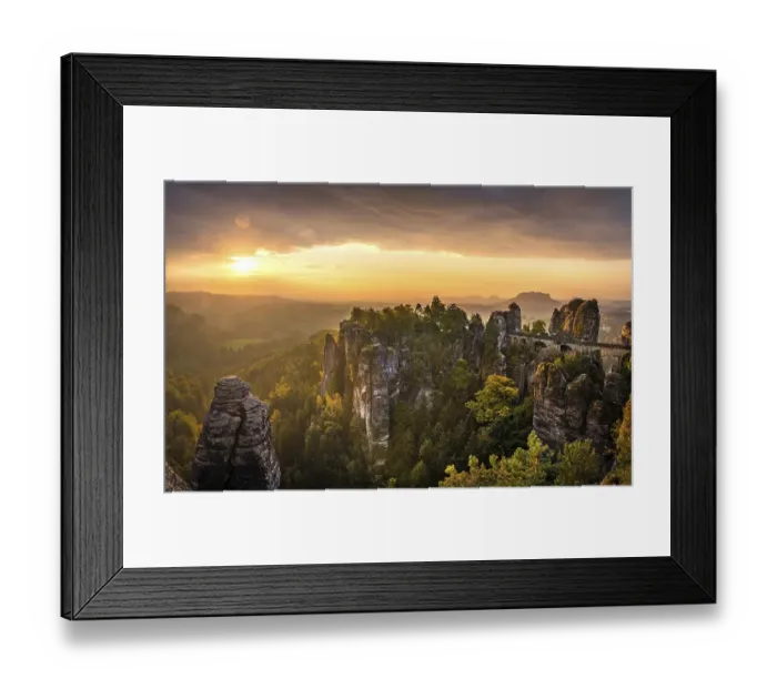 Framed Print : View of Bastei bridge, Bastei at sunrise Framed Print : View of Bastei bridge, Bastei at sunrise