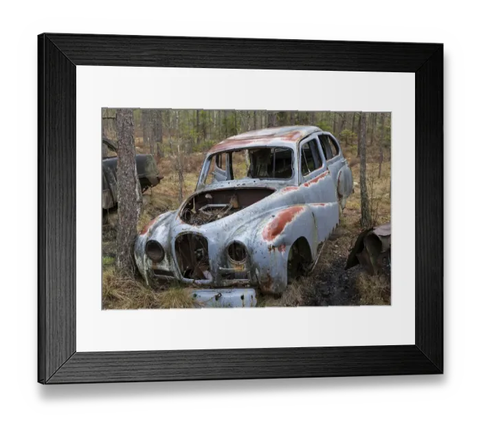 Framed Print : Old car wreck in the car cemetery of Kyrkoe Mosse Framed Print : Old car wreck in the car cemetery of Kyrkoe Mosse
