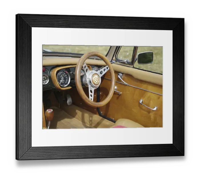 Framed Print : Vintage car MG with wooden steering wheel and wooden door