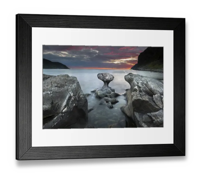 Framed Print : Kannestein or Kanne Stone with coastline at sunset