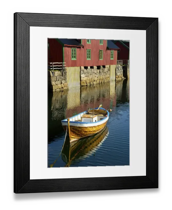Framed Print : Colourful Rorbuer houses at the shore with boat Stamsund Vestvagoya Lofoten Norway Framed Print : Colourful Rorbuer houses at the shore with boat Stamsund Vestvagoya Lofoten Norway