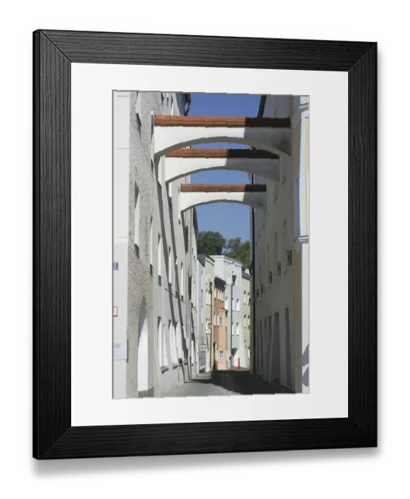 Framed Print : Support beams over an alleyway