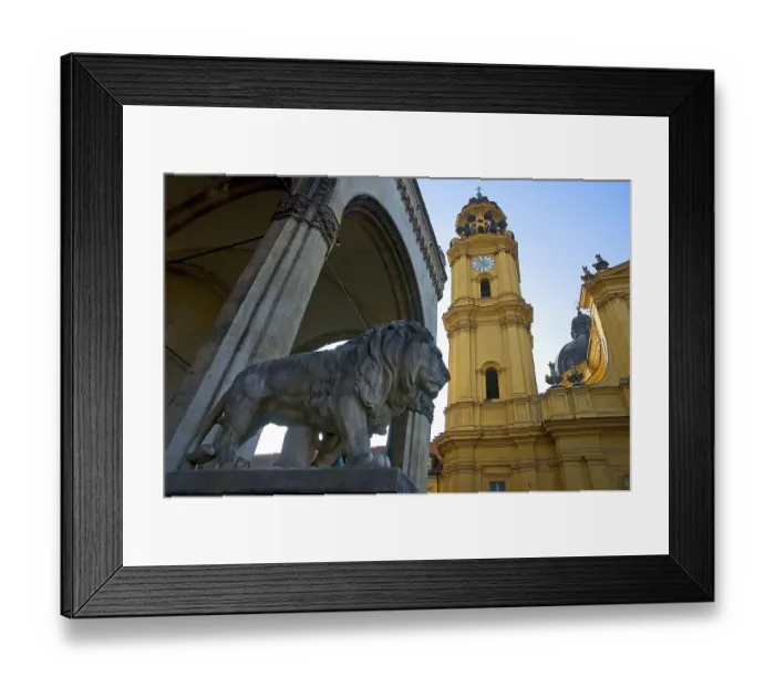 Framed Print : Hall of the Comanders with sculpture of a lion in front of Theatiner Church St