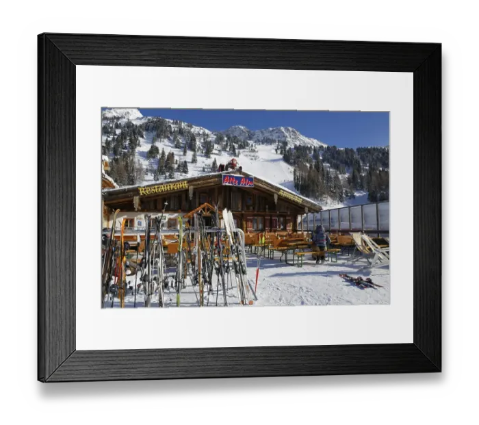 Framed Print : Alte Alm Restaurant at the Obertauern skiing region with mountains Gamskarlspitz and Gurpitsch Eck
