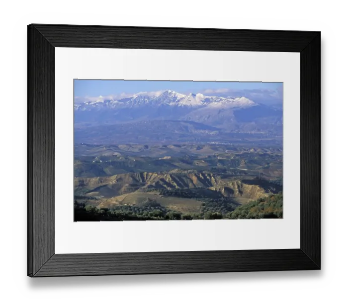 Framed Print : View onto the plains of Sibari and to the snow covered Pollino mountains Framed Print : View onto the plains of Sibari and to the snow covered Pollino mountains