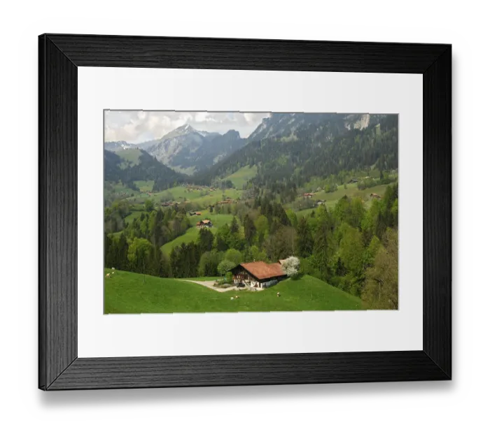 Framed Print : Pre-alpine landscape of the Simmental with Swiss farm yard Framed Print : Pre-alpine landscape of the Simmental with Swiss farm yard