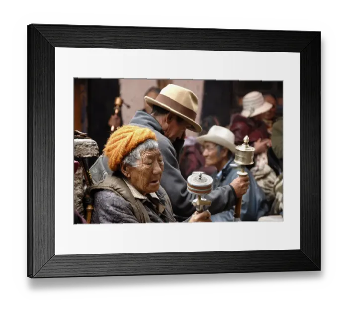 Framed Print : Old Tibetan pilgrims sit in a backyard with prayer wheels Lhasa Tibet China