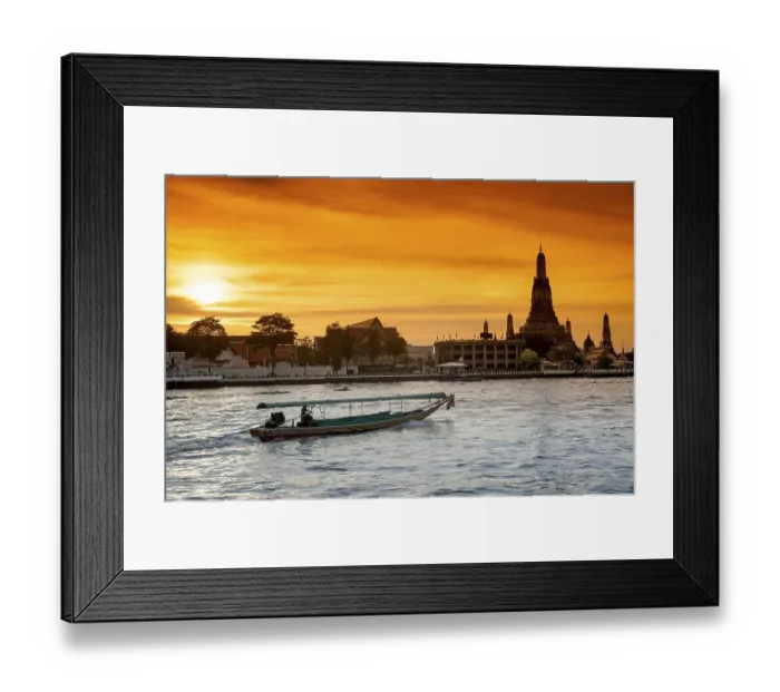 Framed Print : Wat Arun, Temple of Dawn, Ruea Hang Yao or long tail boat on the Chao Phraya River