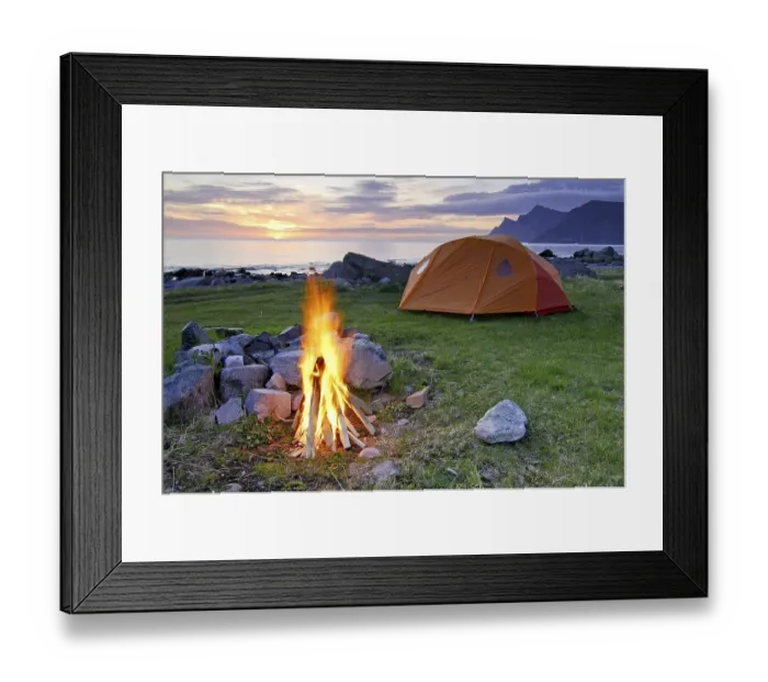 Framed Print : Campfire with tent, midnight sun
