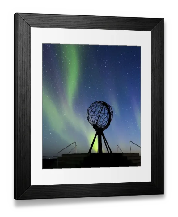Framed Print : Steel globe at North Cape with northern lights Framed Print : Steel globe at North Cape with northern lights