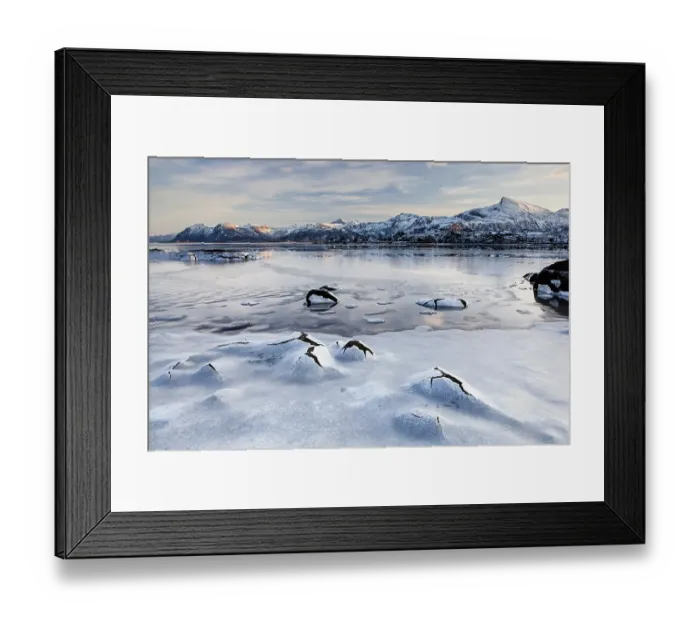 Framed Print : Frozen fjord in winter, Lofoten, Norway, Europe