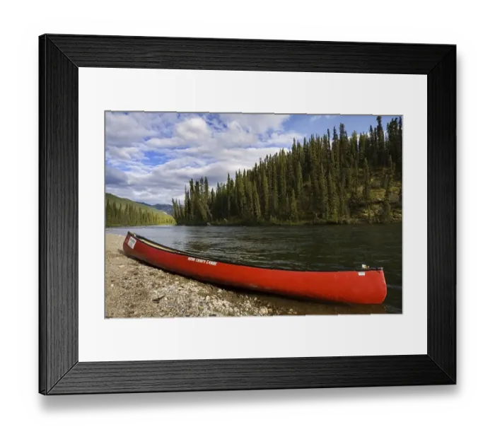 Framed Print : Red canoe on the shore of Big Salmon River