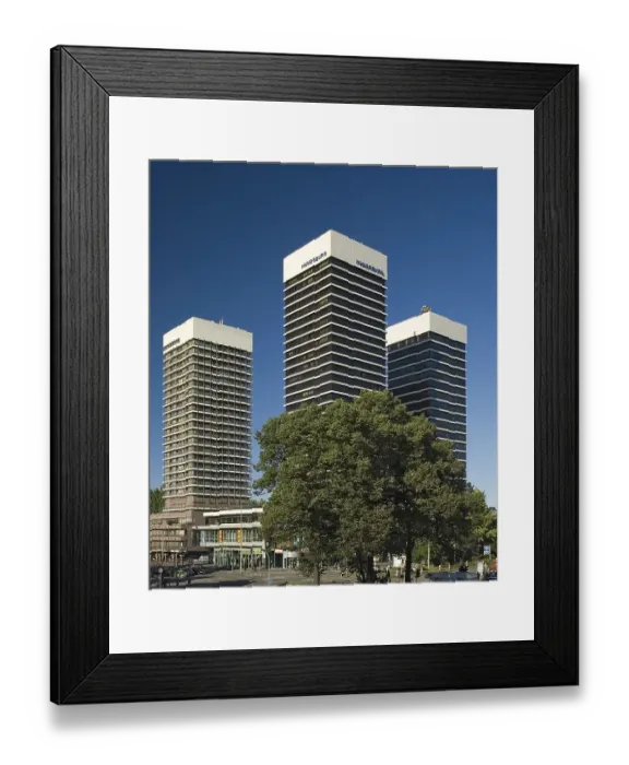 Framed Print : Towers of Mundsburg Center in Hamburg rise into the blue sky