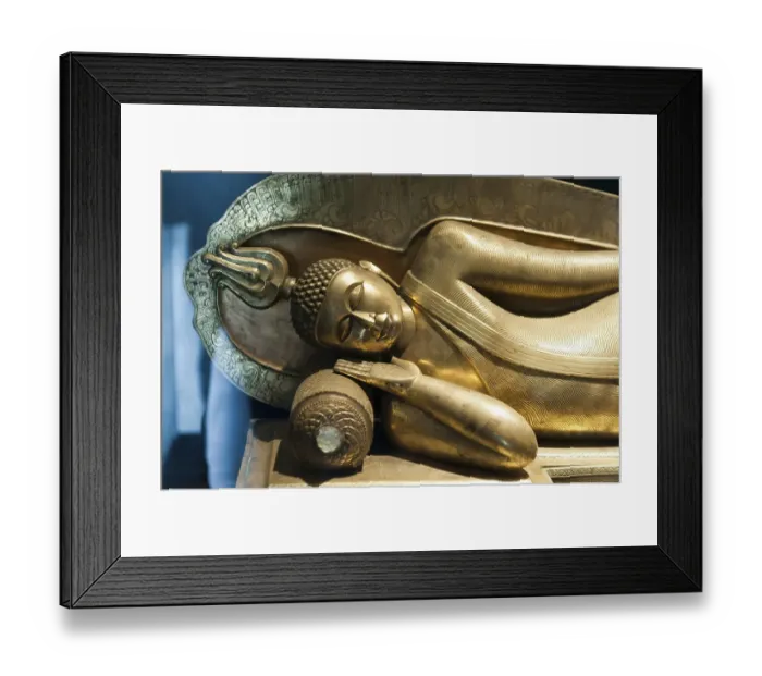 Framed Print : Historic golden Buddha figure, reclining Buddha