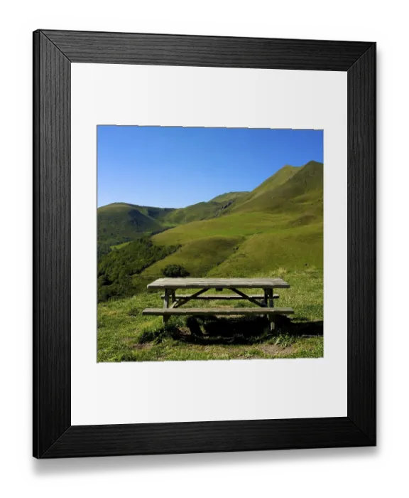 Framed Print : Picnic table in front of the pass Col of Croix Morand