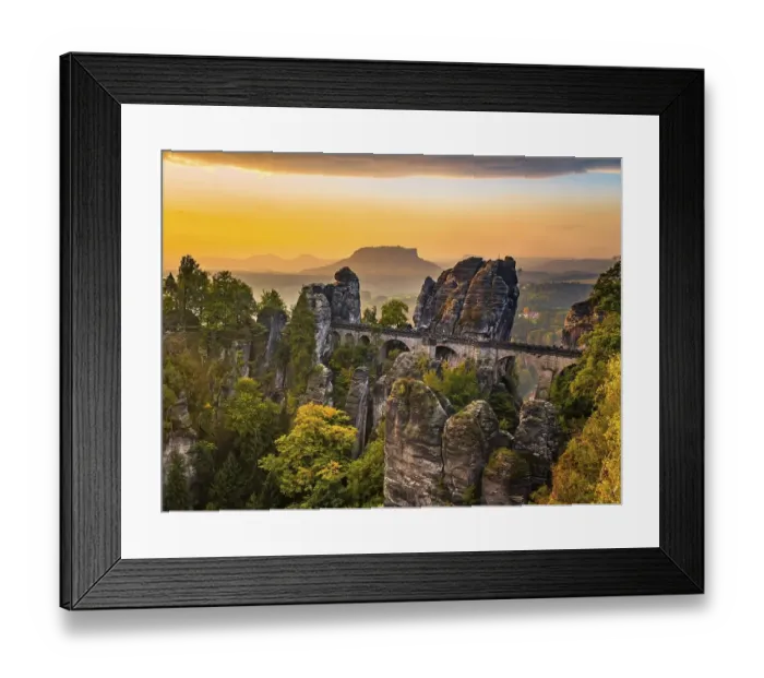Framed Print : View of Bastei bridge, Bastei at sunrise Framed Print : View of Bastei bridge, Bastei at sunrise