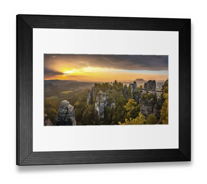 Framed Print : View of Bastei bridge, Bastei at sunrise