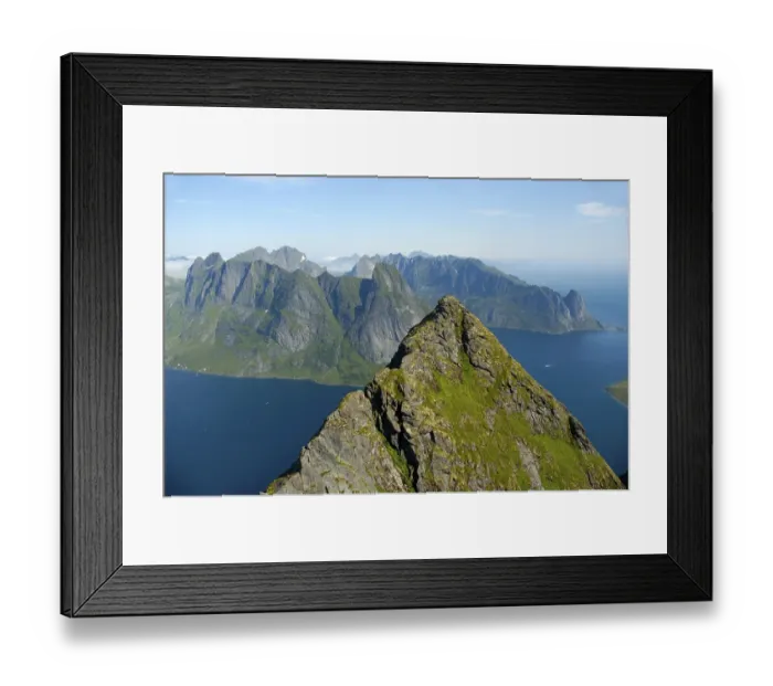 Framed Print : Rough summit Navaren and Reinefjorden with mountains Moskenesoya Lofoten Norway