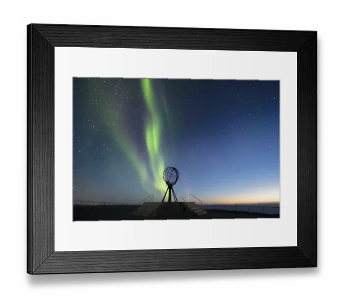 Framed Print : Steel globe at North Cape with northern lights
