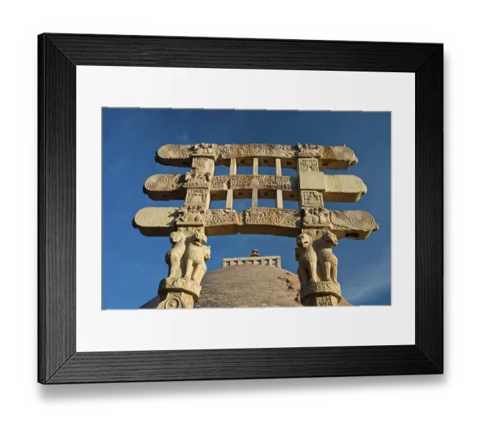 Framed Print : Toran or sacred gateway with stone reliefs at the Buddhist stupa