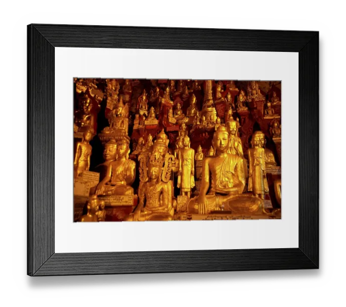 Framed Print : Many golden Buddha statues in Pindaya Cave Shan State Burma