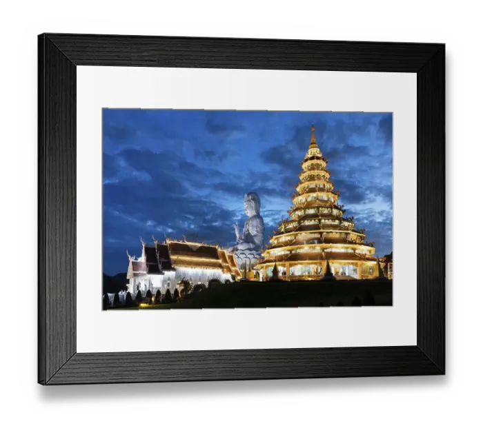 Framed Print : Nine-storey Chinese pagoda and chapel with huge Guan Yin statue at dusk Framed Print : Nine-storey Chinese pagoda and chapel with huge Guan Yin statue at dusk