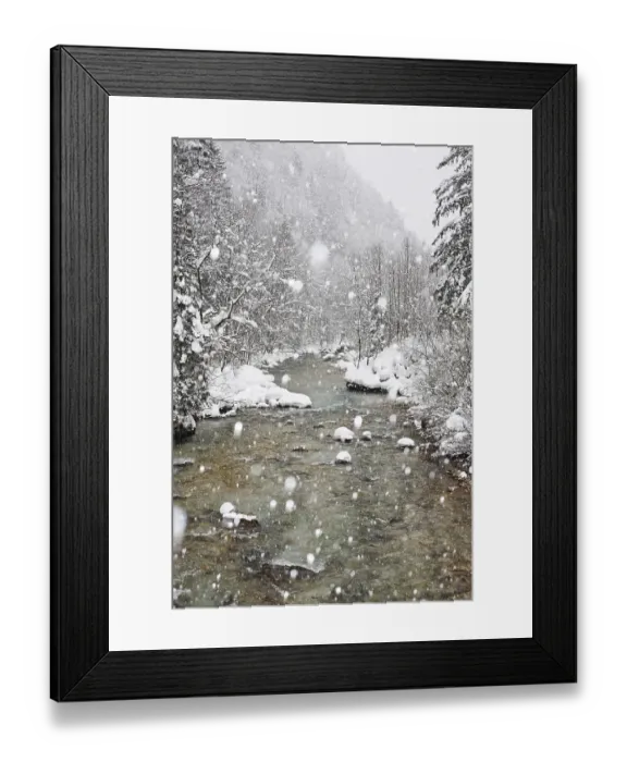 Framed Print : Erzbach brook during snowfall, between Eisenerz and Hieflau