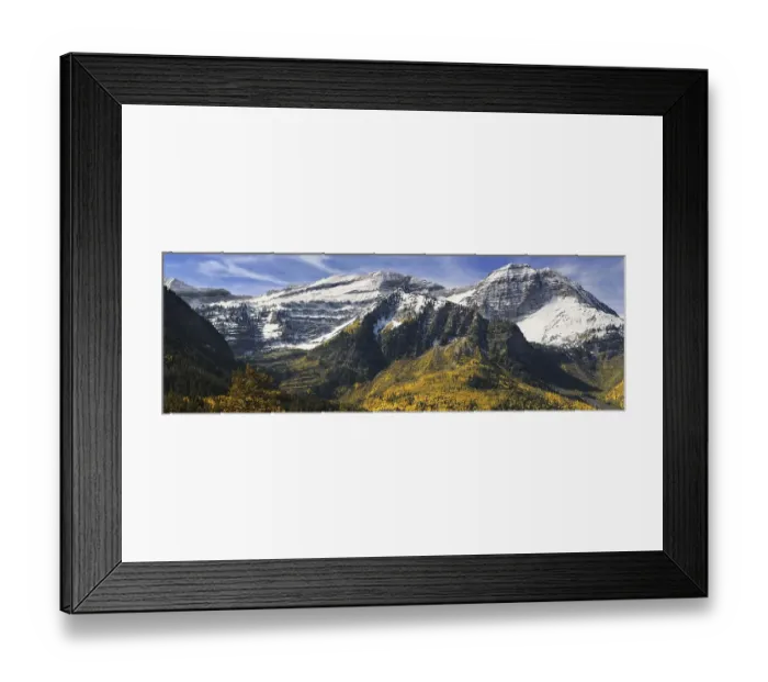 Framed Print : Panoramic view of autumn colors below the snow capped peaks of Mount Timpanogos as seen from the Alpine Loop