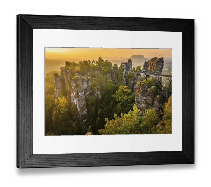 Framed Print : View of Bastei bridge, Bastei at sunrise