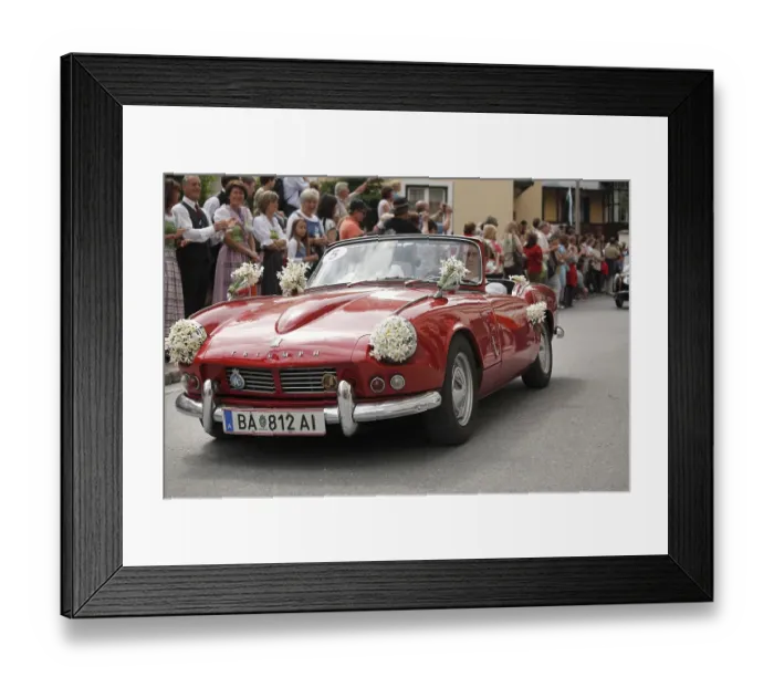 Framed Print : Classic car decorated with daffodils