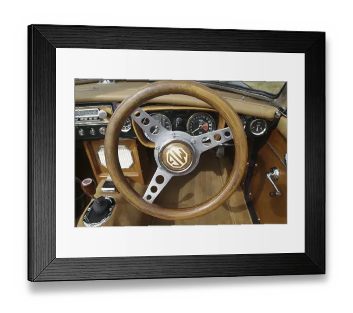 Framed Print : Vintage car MG with wooden steering wheel