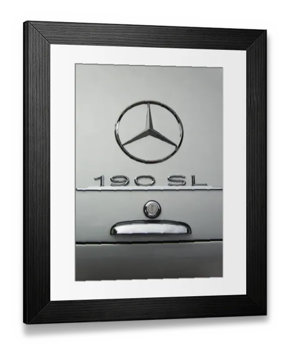Framed Print : Mercedes star on boot of a silver vintage Mercedes 190 SL