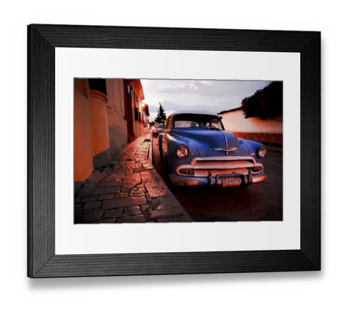 Framed Print : Blue vintage car at night in San Cristobal de las Casas