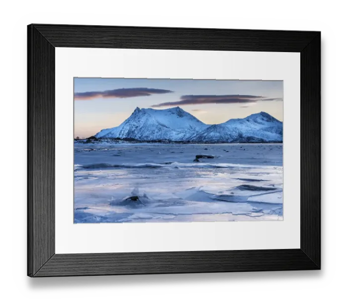 Framed Print : Icy coast on dusk, Gimsoy, Lofoten, Norway, Europe