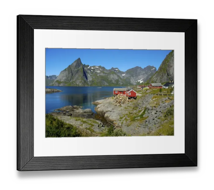 Framed Print : Red wooden house mountains and fjord Hamnoya Moskenesoya Lofoten Norway