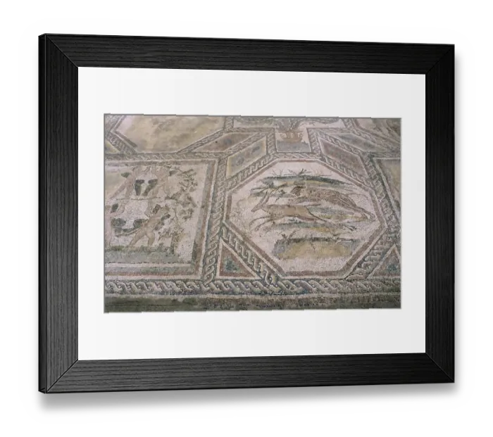 Framed Print : Mosaic showing hunters in Roman villa in Desenzano on Lake of Garda Italy