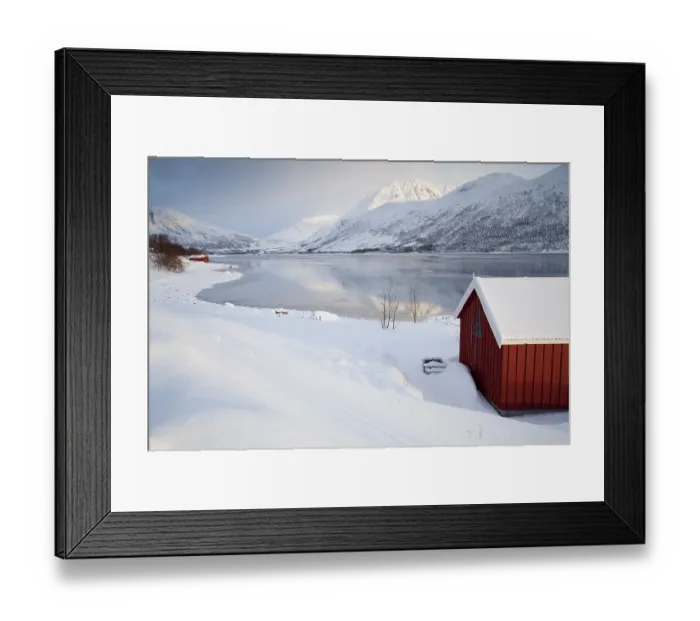 Framed Print : Wooden huts on the Nordfjord, Tromso or Tromso