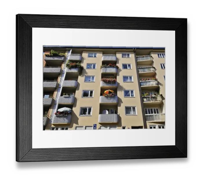 Framed Print : Facade with planted balconies and sun shades