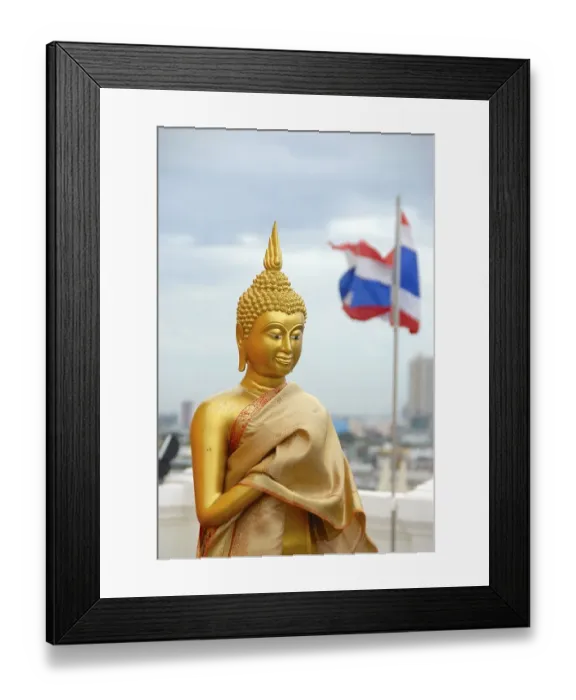 Framed Print : Theravada Buddhism, golden Buddha statue