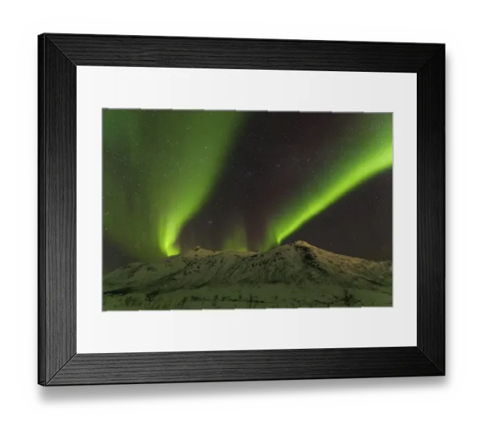 Framed Print : Northern Lights over snow covered mountains