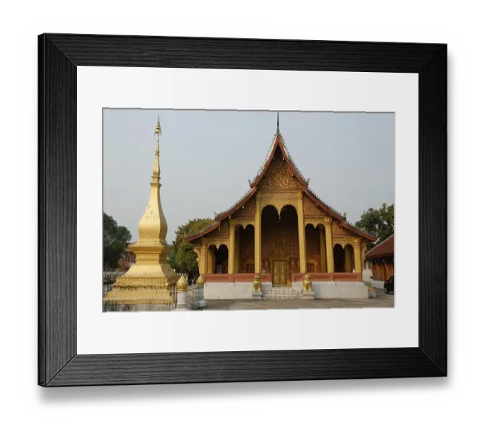 Framed Print : Buddhist Temple in gold and dark red next to a small gold stupa