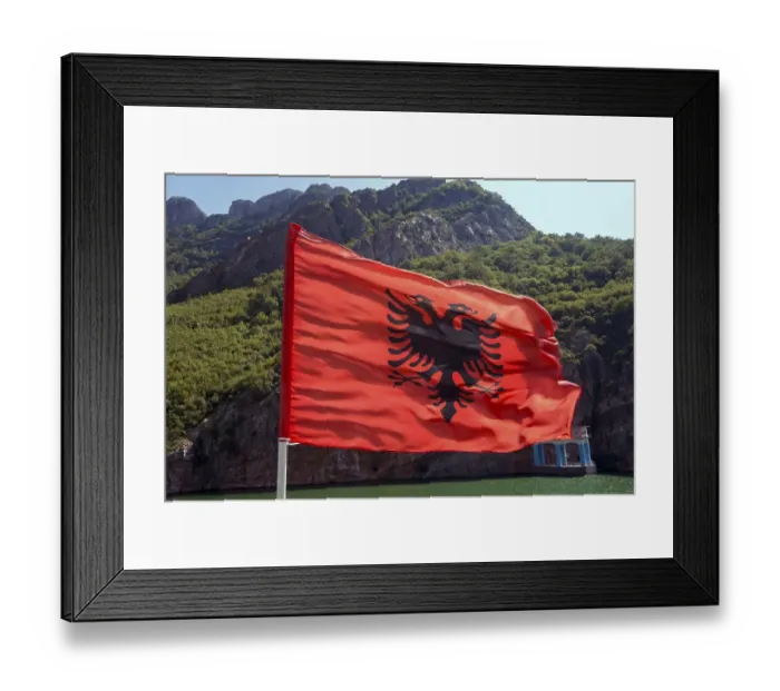 Framed Print : Albanian flag, Koman reservoir
