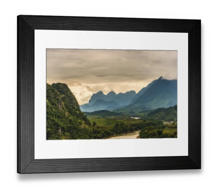 Framed Print : Karst landscape, forested karst mountains with Nam Ou River