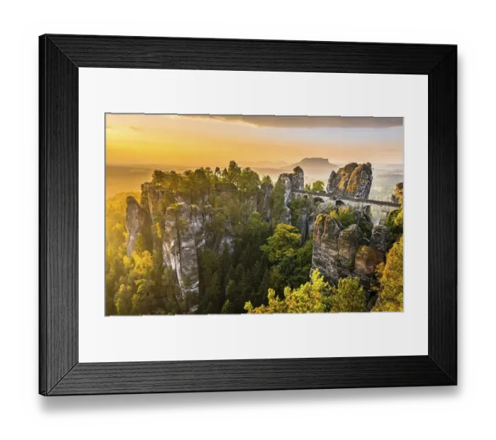 Framed Print : View of Bastei bridge, Bastei at sunrise Framed Print : View of Bastei bridge, Bastei at sunrise
