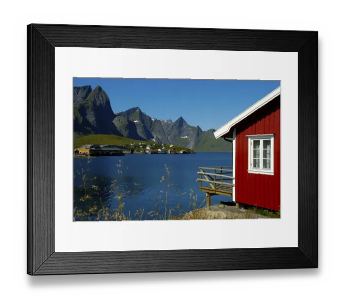 Framed Print : Red wooden house mountains and fjord Hamnoya Moskenesoya Lofoten Norway Framed Print : Red wooden house mountains and fjord Hamnoya Moskenesoya Lofoten Norway