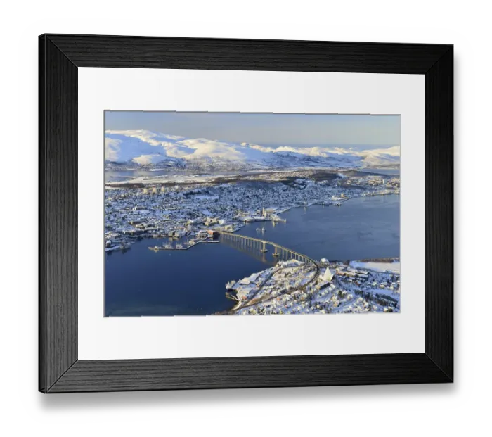 Framed Print : Snowy town with bridge, islands in the North Sea Framed Print : Snowy town with bridge, islands in the North Sea