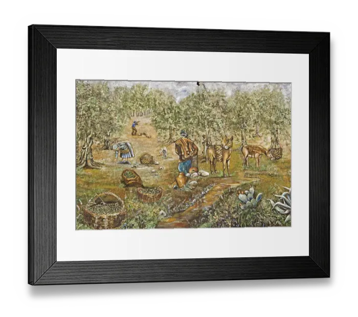 Framed Print : Mural painting, olive harvest, Aspermonte