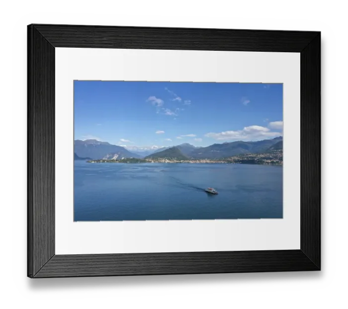 Framed Print : Drone shot, drone photo of the ferry on Lake Maggiore with Alpine panorama Framed Print : Drone shot, drone photo of the ferry on Lake Maggiore with Alpine panorama