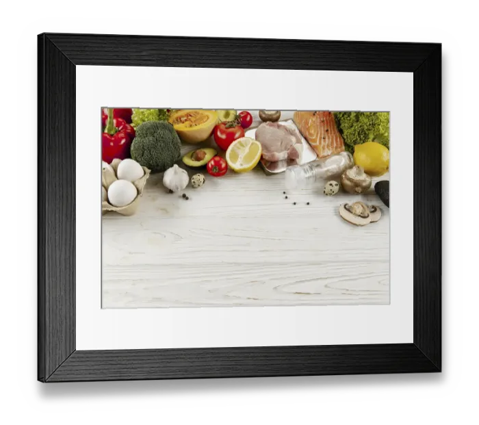 Framed Print : High angle vegetable ingredients meat with copy space Framed Print : High angle vegetable ingredients meat with copy space