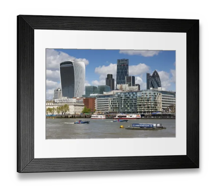 Framed Print : View of the skyline of the City of London with high-rise office buildings and the River Thames Framed Print : View of the skyline of the City of London with high-rise office buildings and the River Thames
